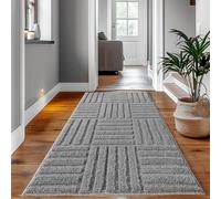 SIMPEX Tapis Coureur 80x250 cm Gris à Poils Longs Design Scandi Boho à Carreaux Effet Relief Shaggy Doux Moelleux Robuste Facile à Nettoyer Moderne pour Chambre, Couloir