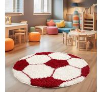 SIMPEX Tapis de jeu, rond, à poils longs, design football, pour chambre d'enfant, garçon, 100 cm, rouge et blanc, extra doux, pour garçons et filles