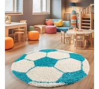 SIMPEX Tapis de jeu rond à poils longs, design football, pour chambre d'enfant, garçon, 120 cm, turquoise et blanc, extra doux, pour garçon et fille