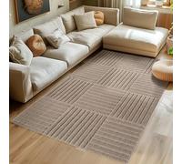 SIMPEX Tapis de Salon 200x290 cm Beige à Poils Longs Design Scandi Boho à Carreaux Effet Relief Shaggy Doux Moelleux Robuste Facile à Nettoyer Moderne pour Salle à Manger
