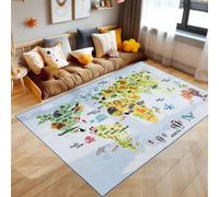 SIMPEX Tapis Enfant Bleu 120x170 cm Carte du Monde avec Animaux Design Moderne Antidérapant Lavable Doux Antiallergique Chambre