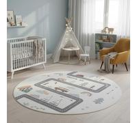 SIMPEX Tapis Enfant Route Tapis de Jeu Rond 200 cm pour Chambre d Enfant en Crème avec Motif Véhicules et Nature Ideal pour Grandes Surfaces de Jeu Motif détaillé pour Jouer et Apprendre