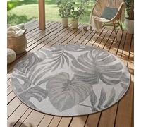 SIMPEX Tapis Extérieur Rond 160 cm Gris, Résistant aux Intempéries et UV, Tapis pour Terrasse Jardin Salon Intérieur Extérieur, Motif Feuilles de Palmier Facile d'entretien Facile