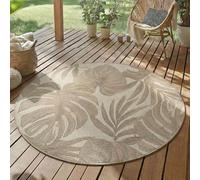SIMPEX Tapis Extérieur Rond 200 cm Beige, Résistant aux Intempéries et UV, Tapis pour Jardin Terrasse Salon Salle à Manger Intérieur Extérieur, Motif Feuilles de Palmier Facile