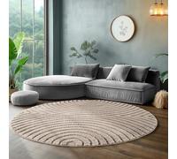SIMPEX Tapis Rond 160 cm Beige à Poils Longs Design Scandi Boho Effet Relief Shaggy Doux Moelleux Robuste Facile à Nettoyer Moderne pour Chambre à Coucher