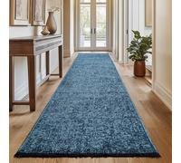 SIMPEX, Tapis Runner en Coton Chenille Bleu 80x250 cm Lavable, Style Boho, Vintage Kelim, Poils Courts, Antidérapant et Doux, Mélange Monochrome, pour Cuisine, Chambre & Couloir