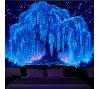 Simpkeely Tapisserie Arbre Nuit Étoilée Blacklight - Saule Réactif aux UV, Arbre de Vie Néon, Lumineux dans le Noir, Galaxie Mystique Art Mural pour Chambre et Salon - 130 x 150cm