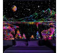 Simpkeely Tenture Murale Montagne Blacklight - Tapisserie Esthétique Galaxie et Météores Réactive aux UV, Forêt, Lune et Étoiles dans une Nuit Étoilée Luminescente pour Chambre et Salon - 150 x 200 cm
