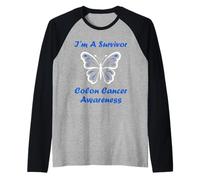 Simple Blue Butterfly I'm a Survivor Colon Cancer Awareness Manche Raglan