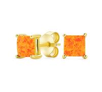 Simple Classique Opulence De Feu Orange Boucles D'Oreilles Clous D'Oreilles En Opale Carrées Taille Princesse Plaqué Or Jaune 14K .925 Argent Sterling 5Mm Pierre De Naissance D'Octobre