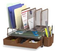 Simple Houseware Mesh Desk Organizer with Sliding Drawer, Double Tray and 5 Upright Sections, Copper