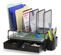 Simple Houseware Organiseur de Bureau en Maille avec tiroir Coulissant, Double Plateau et 5 Sections Verticales, Noir