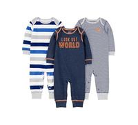 Simple Joys by Carter's 3-Pack Jumpsuits Barboteuse, Blanc Rayures/Bleu Marine Imprimé Texte/Gris Chiné Motif Rayures Rugby, 0 Mois (Lot de 3) Bébé garçon