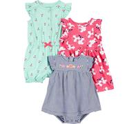 Simple Joys by Carter's 3-Pack Romper, Sunsuit and Dress Infant Toddler, Bleu Marine Rayures/Rose Fleuri/Vert Menthe Cerise, 12 Mois (Lot de 3) Bébé Fille