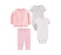 Simple Joys by Carter's 4-Piece Jacket, Pant, and Bodysuit Set Ensemble Layette, Blanc Cœurs/Gris/Rose/Chat, 12 Mois Bébé Fille