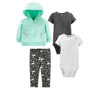 Simple Joys by Carter's 4-Piece Jacket, Pant, and Bodysuit Set Ensemble Layette, Blanc Flocon de Neige/Noir Points/Vert Menthe Licorne/Fleuri, 0-3 Mois Bébé Fille