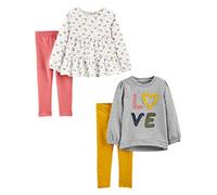 Simple Joys by Carter's 4-Piece Long-Sleeve Shirts and Pants Playwear Set Ensemble de Pantalons, Blanc Fleuri/Gris Amour/Jaune Points/Rose, 2 Ans Fille