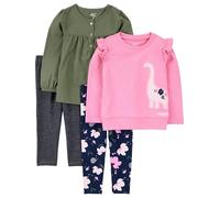 Simple Joys by Carter's 4-Piece Long-Sleeve Shirts and Pants Playwear Set Ensemble de Pantalons, Bleu Marine Fleuri/Noir/Rose Dinosaure/Vert Olive, 12 Mois Bébé Fille