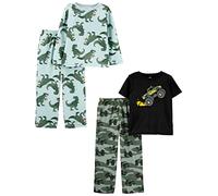Simple Joys by Carter's 4-Piece Poly Pajamas Ensemble Pyjama, Bleu des Mers du Sud Dinosaure/Noir Camions/Vert Camouflage, 7 Ans (Lot de 2) Fille