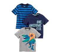Simple Joys by Carter's 3-Pack Short-Sleeve Tee Shirts, Bleu Marine Imprimé Texte/Bleu Rayures/Gris Dinosaure, 3 Ans (Lot de 3) Bébé garçon