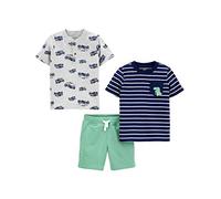 Simple Joys by Carter's Ensemble 3 Pièces Chemise, Short et T-Shirt Playwear Garçon, Bleu Marine Rayures/Gris Monster-Trucks/Vert, 2 Ans