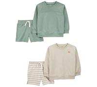 Simple Joys by Carter's Ensemble 4 pièces, vêtements de jeu en molleton, hauts à manches longues et shorts Bébé Garçon, Lot de 4, Beige Rayures/Vert Bouteille, 18 mois