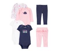 Simple Joys by Carter's Ensemble 6 pièces comprenant des bodies à manches longues et courtes et des pantalons pour petite fille ,Pink/Navy Ruffle,0-3 Months