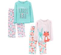 Simple Joys by Carter's Ensemble de Pyjama 4 Pièces (Haut en Coton et Bas en Polaire) Fille, Bleu Imprimé Texte/Rose Animaux de la Forêt/Rose Clair Fleuri, 5 ans