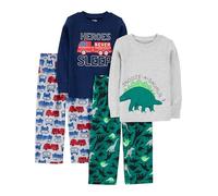 Simple Joys by Carter's Ensemble de pyjama 4 pièces pour garçons et tout-petits (haut en coton et bas en polaire), Gris/Dinosaure vert/camion de pompier/héros, 4 ans