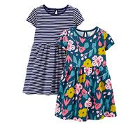 Simple Joys by Carter's Ensemble de Robes Sans-Manches et à Manches Courtes Fille, Lot de 2, Blanc Rayures/Bleu Marine Imprimé Fleuri, 3 ans