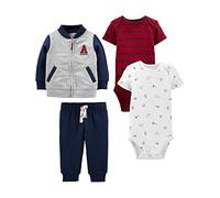 Simple Joys by Carter's 4-Piece Jacket, Pant, and Bodysuit Set Ensemble Layette, Blanc Motif Sportif/Bleu Marine/Gris/Rouge Rayures, 0 Mois Bébé garçon