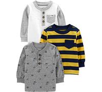 Simple Joys by Carter's Long-Sleeve Shirts, Pack of 3 Chemise, Blanc/Gris Dinosaure/Jaune Rayures, 12 Mois (Lot de 3) Garçon