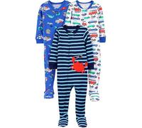 Simple Joys by Carter's Lot de 3 pyjamas avec pieds ajustés en coton pour tout-petits et bébés garçons, Blue Sea Life/Navy Stripe/White Cars, 6-9 mois