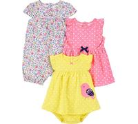 Simple Joys by Carter's 3-Pack Romper, Sunsuit and Dress Infant Toddler, Blanc Fleuri/Jaune Oiseau/Rose Points, 24 Mois (Lot de 3) Bébé Fille