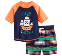 Simple Joys by Carter's Maillot de bain, haut de natation et short de bain Garçon, Blanc Rayures/Bleu Marine Orange Navires, 4 ans