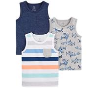 Simple Joys by Carter's Multi-Pack Muscle Tank Tops Débardeur pour bébé et Tout-Petit, Blanc Rayures/Bleu Marine Teinture Spatiale/Gris Requin, 5 Ans (Lot de 3) Garçon