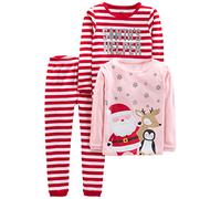 Simple Joys by Carter's Pyjama de Noël 3 Pièces en Coton, Coupe Ajustée Bébé Fille, Lot de 3, Rose Père Noël/Rouge Rayures, 12 mois