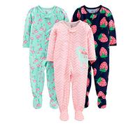 Simple Joys by Carter's Pyjamas avec Pieds en Jersey Polyester Coupe Ample Bébé Fille, Lot de 3, Dinosaure/Flamant Rose/Imprimé Fraises, 12 mois
