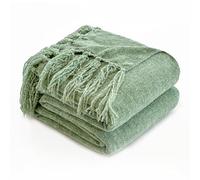 Simple&Opulence Couverture chenille douce pour canapé-lit, couverture tissée en peluche confortable avec pompons, couverture décorative légère et bohème pour cadeau, vert sauge, 127 x 152,4 cm