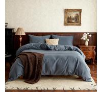 Simple&Opulence Parure de Lit 2 Personnes avec Fermeture à Bouton Caché, Mélange de Coton Doux et Lin Durable, Housse de Couette 200x200 cm avec 2 Taies d'oreiller 50x75 cm (Bleu Foncé)