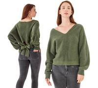 Simple&Opulence Pulls Mixte Laine pour Dames, Sweat à Col V Dénudé Dos Doux, Sweat à Manches Longues Évasé pour Le Printemps, l'Automne, l'hiver, Taille M, Vert Olive