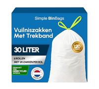 Simple Sacs poubelle 30L - Fabriqué aux Pays-Bas - Convient pour Brabantia Code O - Cordon de traction vert - 120 pièces - 6 rouleaux x 20 sacs poubelle
