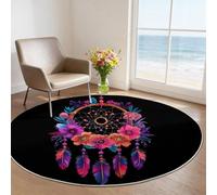 Simple Tapis Rond Lavable en Machine, Antidérapant Doux Intérieur Moquette Décoration pour Chambre Cuisine Balcon Salle à Manger, Tapis Poils Ras Imprimer Fleurs Plumes Attrape Rêves, Noir 60 cm