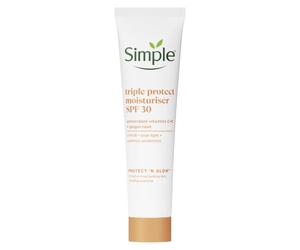 Simple Triple Protect Hydratant SPF 30 - Protection 3x contre les UVA/UVB, lumière bleue et pollution avec vitamine C et E - Illumine les peaux ternes et sensibles pour un teint éclatant 40 ml