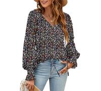 SimpleFun Chemisier d'été à manches courtes et col en V pour femme, Z-Black Floral, Taille S