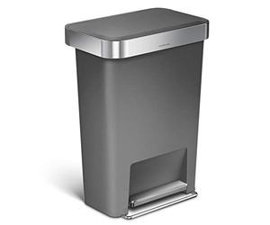 simplehuman CW1386CB poubelle rectangulaire à pédale, avec réserve à sacs, poubelle de cuisine, plastique gris, 45 litres