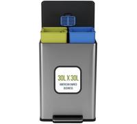 SIMPLI-MAGIC Poubelle de cuisine rectangulaire de 60 litres, mains libres, à double compartiment, avec couvercle simple à fermeture amortie, en acier inoxydable (capacité de 30 L x 30 L)