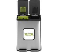 SIMPLI-MAGIC Poubelle de cuisine rectangulaire de 60 litres, mains libres, à double compartiment, avec couvercle simple à fermeture amortie, en acier inoxydable (capacité de 30 L x 30 L)