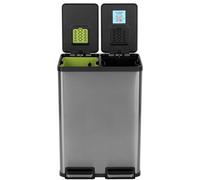SIMPLI-MAGIC Poubelle de cuisine rectangulaire de 60 litres, mains libres, double compartiment, avec couvercle simple à fermeture amortie, en acier inoxydable (capacité de 30 L x 30 L), finition métal