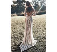 Simplicité Élégante Robe de Mariée Vintage en Dentelle Backless Boho Beach Manche Longue Doublure Nude Pays Bohémienne Hippie Gypsy